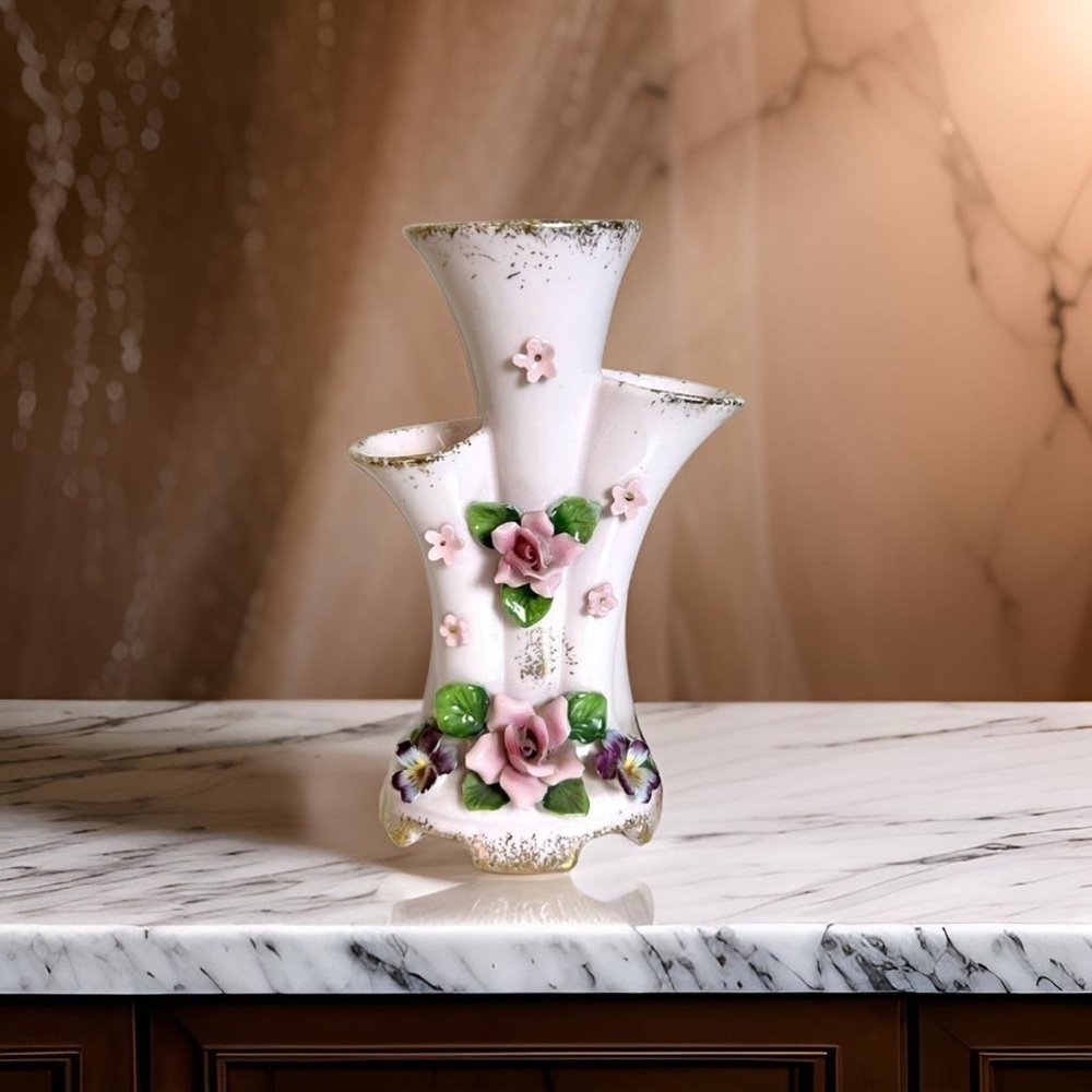 Vintage Lefton China Pink Triple Bud Vase with Applied Flowers